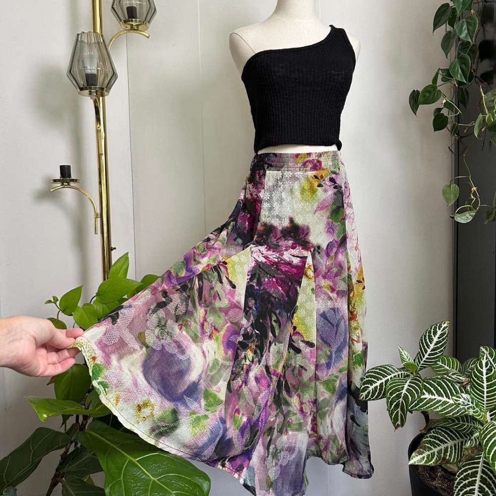 Lapis Womens Floral Maxi Skirt Purple Green Boho Elastic Waist Lined Medium